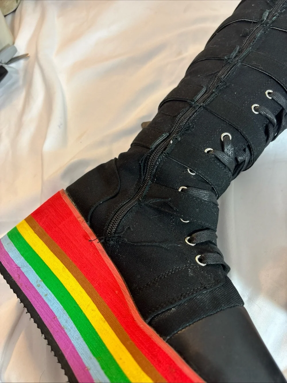 Black Lace-Up Platform Boots with Rainbow Sole